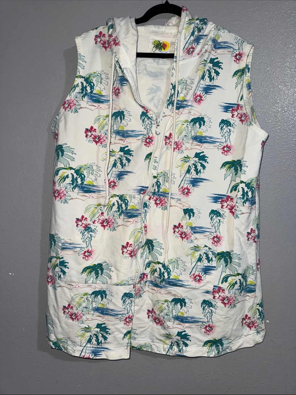 Cream Tropical Zip Hoodie Vest with Teal & Pink Florals